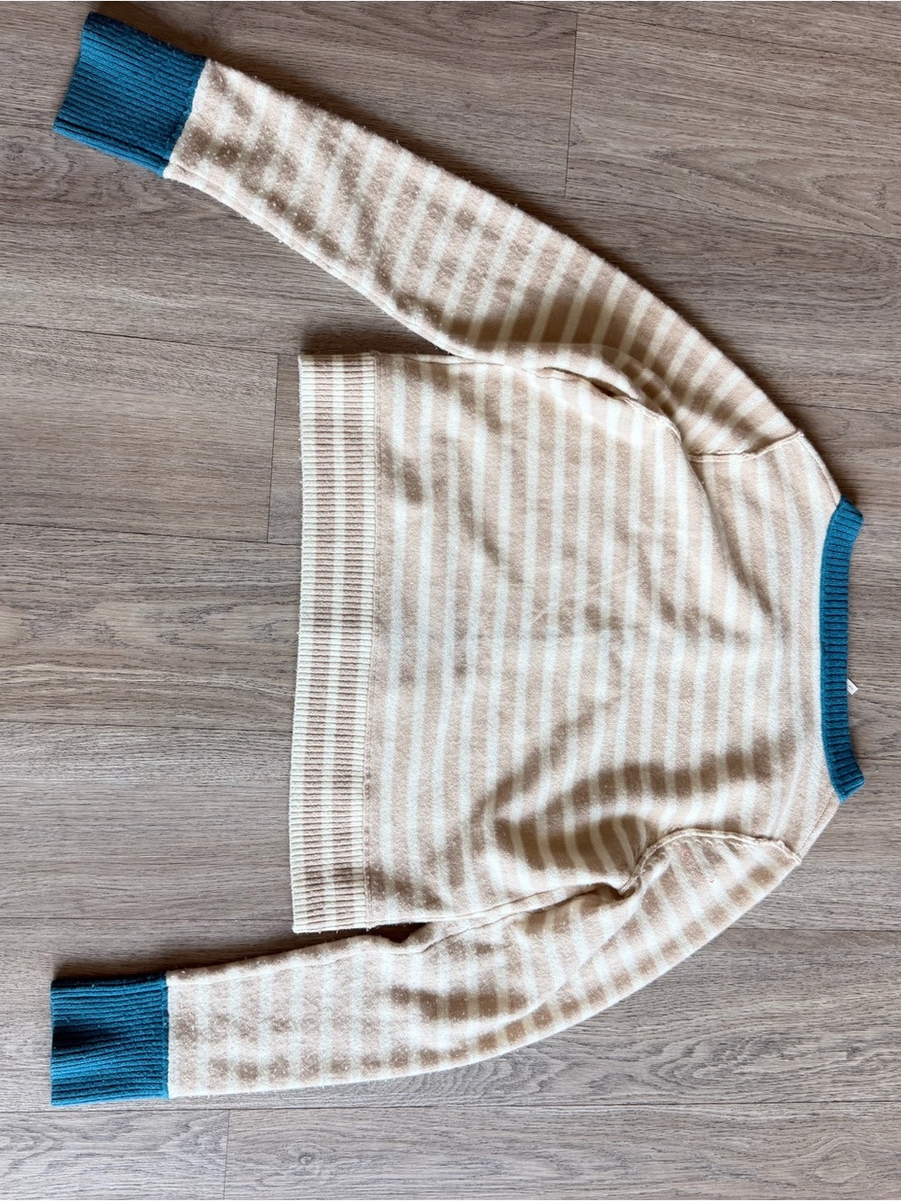 Free People Striped Beige and Cream Button-Front Sweater with Teal Trim - Picture 4 of 4